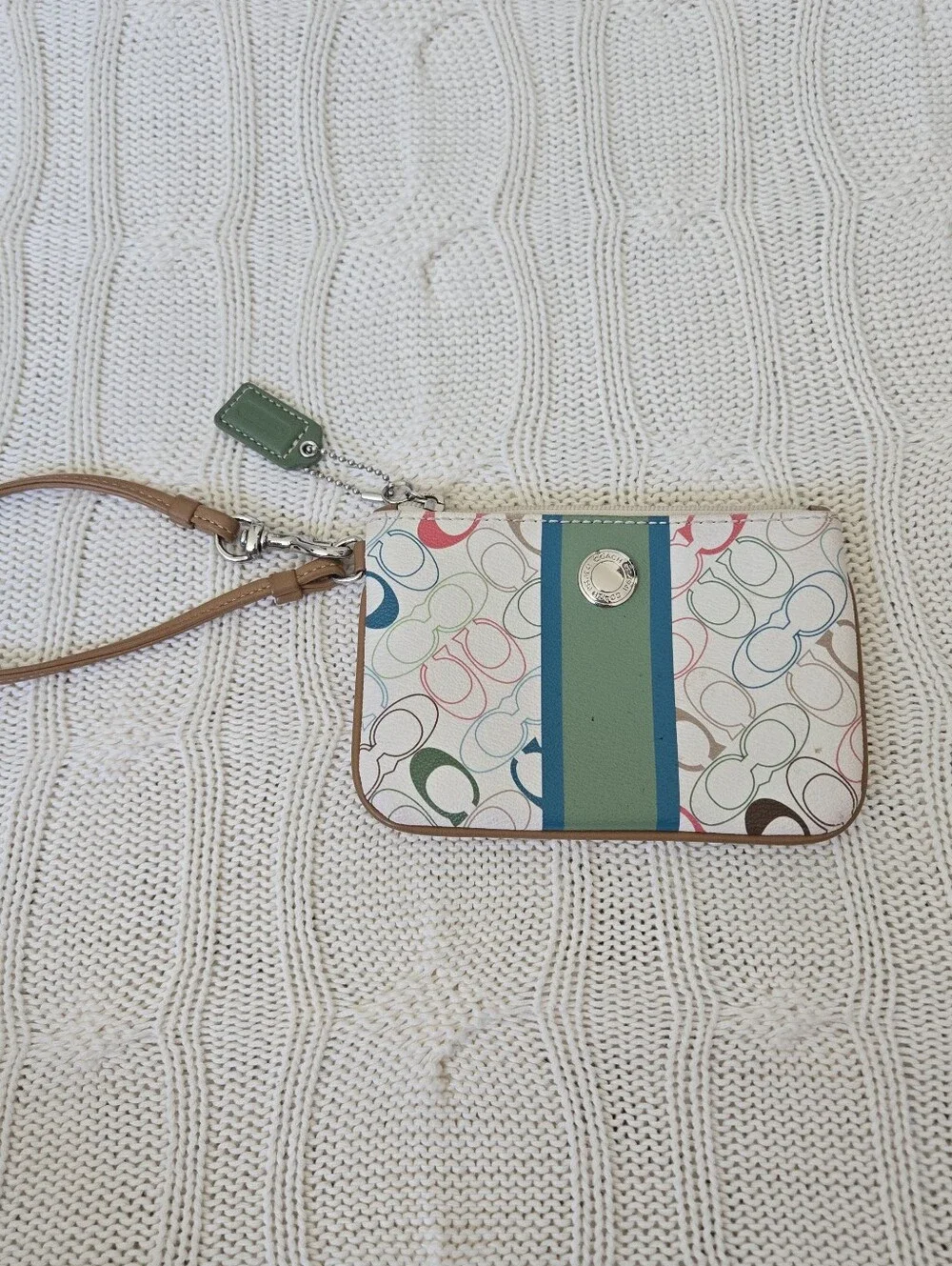 Coach Chelsea Heritage Stripe Cream Multicolor Logo Wristlet Green & Blue Stripe